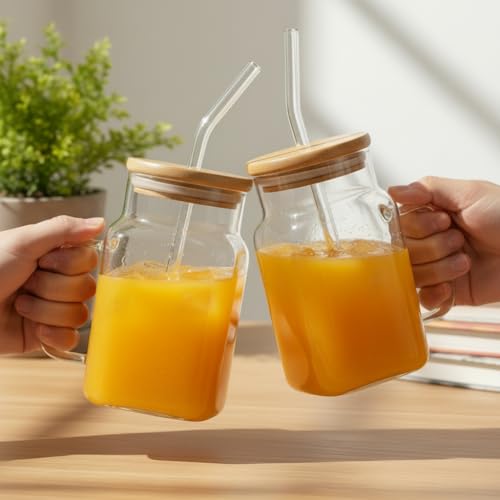 Image of ginoya brothers 600ml Mason Jar with Natural Bamboo Lid, Reusable Glass Straw & Handle | Leak-Proof Silicone Seal Glass Cup for Hot & Cold Beverages (PACK OF 1)