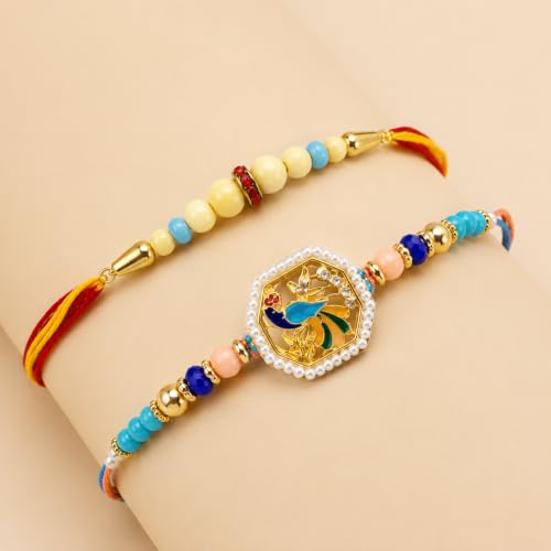 Image of Pearl Peacock & Elegant White Beads Rakhi Combo Set of 2
