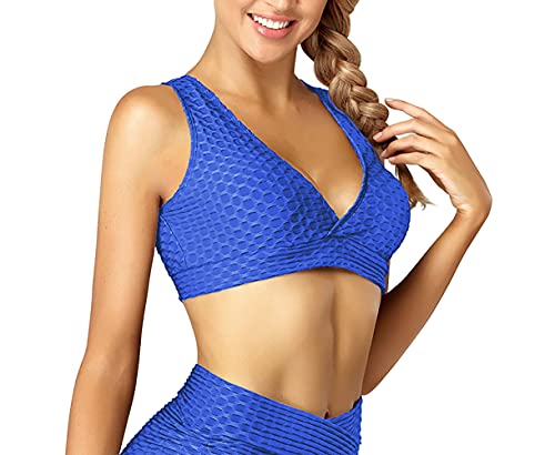Yaavii Pantalones cortos de yoga con textura de panal para mujer, brasier deportivo fruncido para correr, entrenamiento, gimnasio, fitness