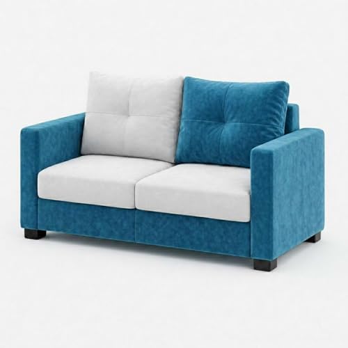 Image of FURNY Amonster 3 Seater + 2 Seater Fabric Sofa Set with 1 Ottoman (Aqua Blue - Light Gray) with Velvet Finish | Durable Comfort | Ideal for Living Room
