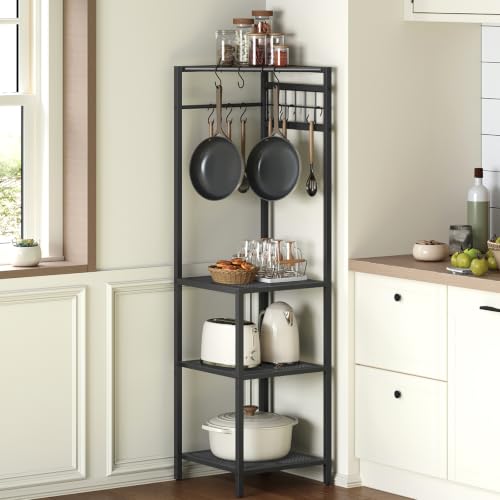 MAHANCRIS 4-Tier Pots and Pans Organizer with 10 Hooks for Kitchen Corner | Pots Rack, Cookware Stand, for Kitchen, Dining Room, Pantry, Rustic Brown