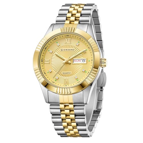 Image of Giordano Classic Analog Quartz Watch for Men with Textured Dial, Fluted Bezel, Day & Date Display & Two-Tone Stainless Steel Strap