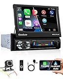 [1 Din Car Stereo Bluetooth]: radio con pantalla abatible con versión Bluetooth 4.0, respuesta más rápida y mayor rendimiento. Puede emparejar esta unidad principal DIN única con la mayoría de los dispositivos Bluetooth, admite llamadas manos libres y reproducción de música inalámbrica