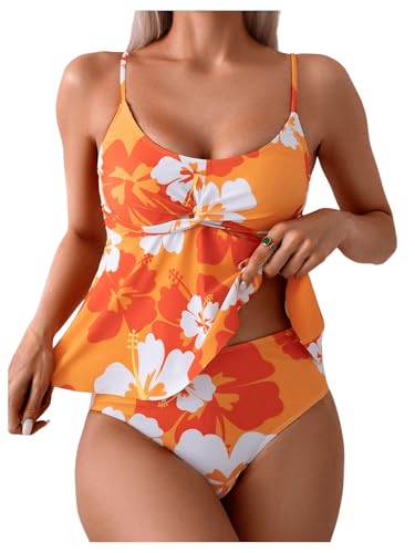 SOLY HUX Women's Tankini Swimsuits Floral Print Ruffle High Waisted Bathing Suits Summer Swimwear