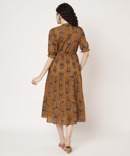 Image of PIDAVLIYA'S Women's Cotton Floral Printed Midi Dress | V-Neck Fit & Flare Dress with Puff Sleeves | Casual Summer Wear