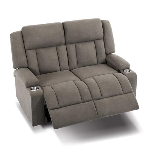 Recliner Loveseat Sofa with Cup Holders, 2-Seater Fabric Reclining Couch, Manual Recliner Wall Hugger for Living Room, Small Spaces, Home Theater (Light Brown)