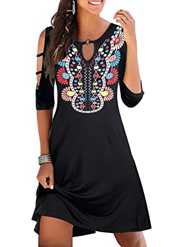 Womens Summer Short Sleeve Cold Shoulder Plain Swing Casual T-Shirt Dress Floral Beach Cover Up Dresses with Pockets