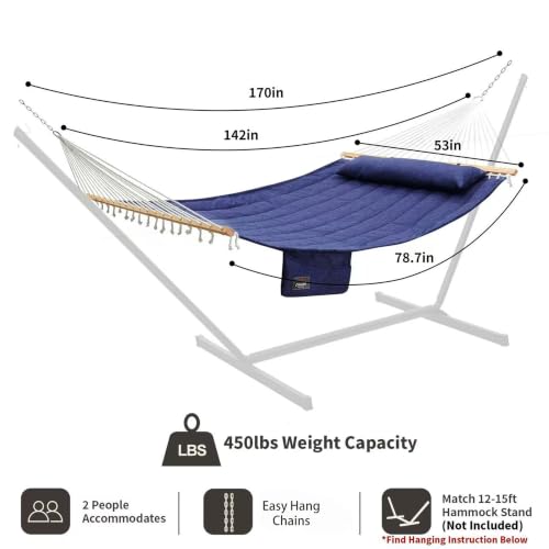 Image of Double Quilted Fabric Hammock with Hardwood Spreader Bars and Pillow 450 LBS Capacity 2 Person Large Hammock for Outdoor Patio Backyard Poolside - Dark Blue