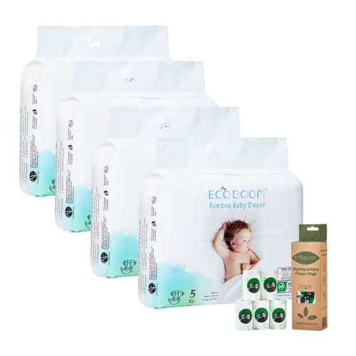 Pañales de bambú prémium para bebé tamaño 5 (12 + kg) | 28 x 4 paquetes – 112 pañales | con 100 bolsas biodegradables para pañales