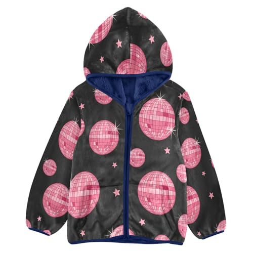 Pink Disco Balls Pattern Toddler Fleece Jacket Girl Boys Hooded Fleece Jacket Coat Warm Outwear Zip-up 3-10T