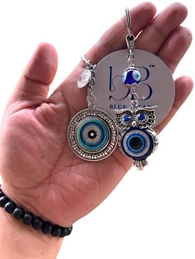 Evil Eye Wall Hanging with Keychain, Blue Glass Nazar Protection Charm for Home, Car and Office, Good Luck Vastu Decor, 2-in-1 Pack