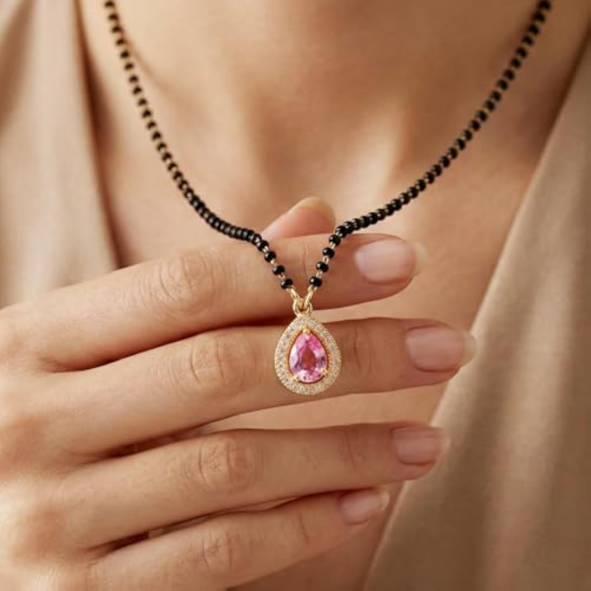 Gold-Toned Pink Stone American Diamond Black Beads Mangalsutra for Women