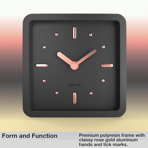 Driini Modern Mid Century Desk & Shelf Clock (Black Rose Gold) - Battery Operated with Silent, Analog Movement – Small Tabletop Clocks for Office – Perfect for Mantle, End Table, Desktop or Nightstand - Thumbnail 3