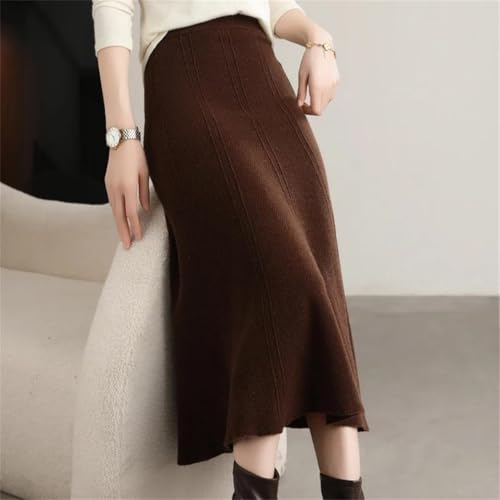 Women's Winter 100% Solid Wool Knitted Skirt High Waist and Hip Long Skirt Slim Cashmere Umbrella Skirt Coffee Color One Size3