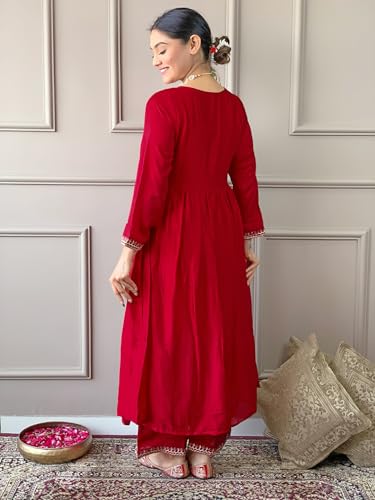 Image of Naixa Women's Vichitra Silk Embroidered A-line Kurta with Vichitra Silk Pant and Chinon Embroidered Dupatta Sets (NK-443)