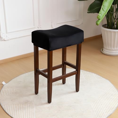 Image of Velvet Rectangle Bar Stool Covers Set of 2 Black Stretch Rectangular Saddle Bar Stool Slipcovers 17-20 Inch Counter Height Chair Slipcovers for Kitchen Island & Vanity (Velvet Black)
