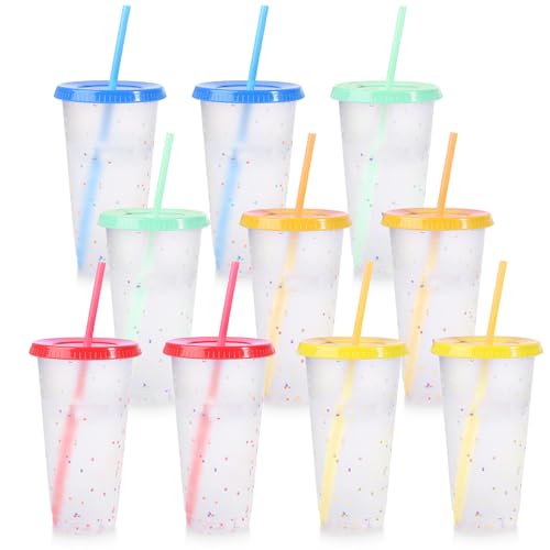 VEGOATY 10 sztuk plastikowych kubków 710 ml z efektem brokatu i zimnym kolorem, w zestawie pokrywka i słomka, kubki wielokrotnego użytku, na imprezę, smoothie, podróż (5 kolorów, 2 sztuki)