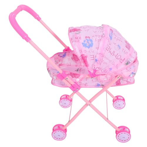 Foldable Baby Doll Stroller with Canopy, Pink Metal Pushchair for Girls Pretend Play, Portable Toy Pram for Multiple Dolls, 21.65 X 15 X 10 Inches