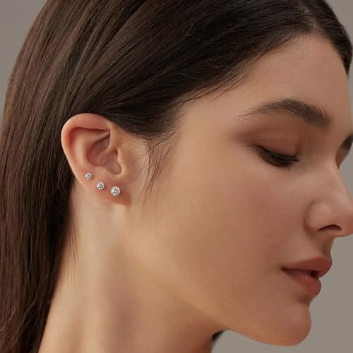 Flat Back Moissanite Stud Earrings: 3 Pairs Imitation Diamond Hypoallergenic Screw on Cartilage Helix Piercing Sensitive Ear Studs Set - 18K White Gold Plated Sterling Silver Earring for Women Men2
