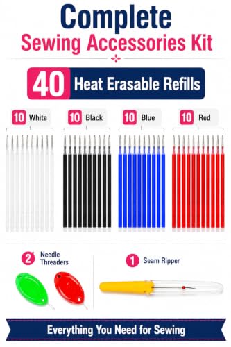 Image of ZENITH Fabric Marker Refills Pen Sewing Accessories Kit, Heat Erasable, 4 Colours with 2pc Threader & 1 Seam Ripper, for Sewing and Quilting (40 Multicolor Refills with 2 Threader & 1 Seam Ripper)