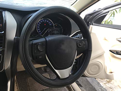 Image of Oshotto Artifical Leather SC-13 Car Steering Cover Compatible with Jaguar XJ (Black with White Thread)