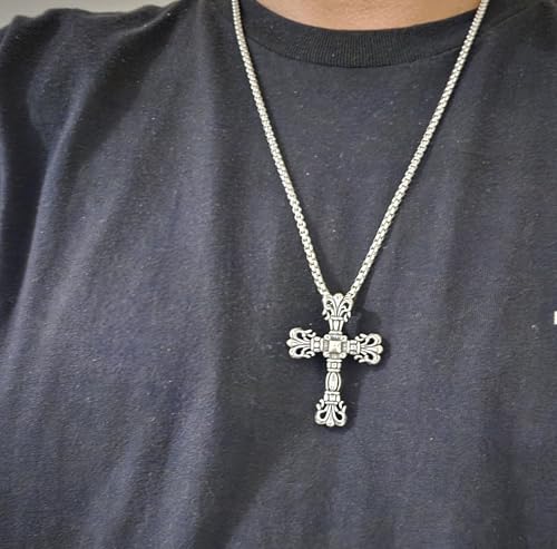Gothic Vintage Cross Pendant Necklace Stainless Steel Unisex Silver Black Two-tone 23.6 in Ball Chain Chrome y2k Style2