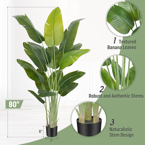 Image of Lifelike Bird of Paradise Artificial Plant,6.6ft Faux Banana Leaf Tree with 15 Trunks - Perfect Indoor Silk Floor Plant for Home Decor in Living Room, Office, and Bedroom (Set of 2)
