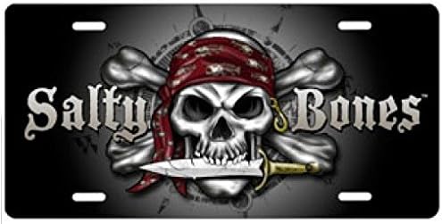 Marine Sports Manufacturing New Aluminum Scuba Diving License Plate - Salty Bones Skull with Knife, Bandanna & Helm on Black Background