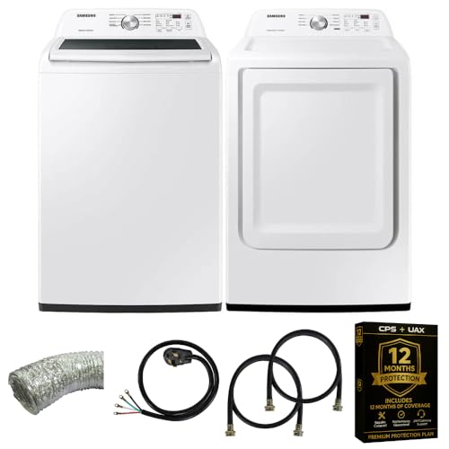 Samsung Smart 4.7 Cu Ft Top Load Washer & 7.4 Cu Ft Electric Dryer, Sensor Stops Overdrying, Low Vibration Quiet Wash, WaterJet w/Power Cords, Hoses, Vent Duct, 1 Year CPS Protection Bundle (White)