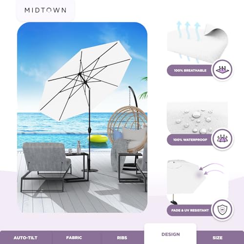 Image of Midtown Umbrellas - 10-Year-No-Fade 8 Ft Patio Umbrella with Terylast Fabric, Auto-Tilt Aluminum Frame and 8 Reinforced Ribs for Deck, Pool, Garden & Beach - Ivory White Canopy, Black Pole
