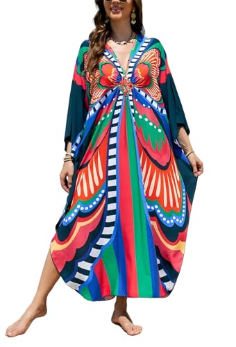 Image of IMAGEKOPE Women's Plus Size Animal Print V-Neck Batwing Kaftan Beach Dress Bathing Suit Cover-Up Loungewear