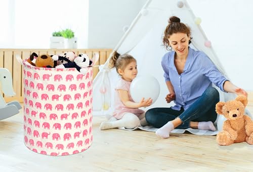 Image of Kids Laundry Hamper Clothes Gift Basket Storage Laundry Baskets Organizer Bin with Handles for Nursery Room (Pink Elephant)