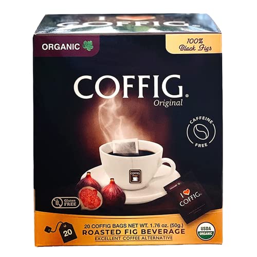 Coffig Original Organic Coffee Substitute, Roasted Fig Beverage, Travel-Sized Sachets, Caffeine-Free Herbal Energy Drinks, Carton of 20 Tea Bags
