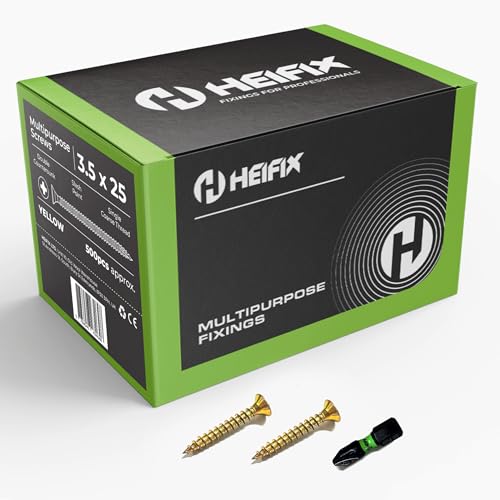 Heifix Multi-Purpose Wood Screws Pozi Double Countersunk - FREE Screw Bit Included (QTY 500, 3.5mm x 25mm)