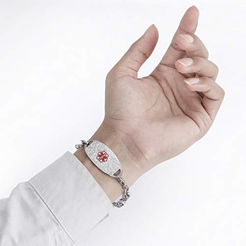 Baiyi Hope Stainless Steel Medical Alert Bracelets For Women Floral Pattern Medical Emergency Id Bracelets For Girls Free Engraving, 7Inch #TOP3
