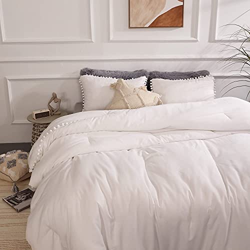 YIRDDEO Full Size Comforter Sets - Full Size Comforter with Ball Pom Fringe, Soft Bedding Set for All Seasons - 3 Pieces, 1 Comforter (79"x90") & 2 Pillow Shams(20"x26"), White