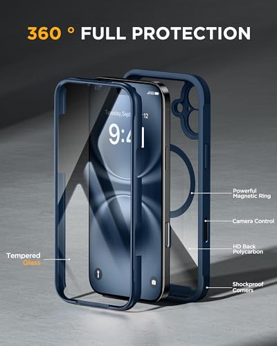 Image of Miracase for iPhone 16 Case 6.1'', Full-Body Protective Phone case with Built-in Full Glass Screen &Camera Control,Easy Installation,No Gap,Compatible with MagSafe,SGS Drop Proof 16 Cover,Storm Blue