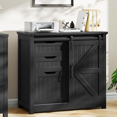 Vabches Lateral File Cabinets with Adjustable Shelf, Farmhouse Filing Cabinet for Home Office, Filing Organization Storage Cabinets with Sliding Barn Door for Hanging Files Letter/A4,Black