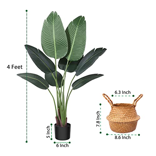 Ferrgoal Artificial Bird Of Paradise Plants 4 Ft Fake Tropical Palm Tree With 8 Trunks In Pot And Woven Seagrass Belly Basket Perfect Faux Plant For Home Indoor Outdoor Office Modern Decor Green 2Pc #TOP4