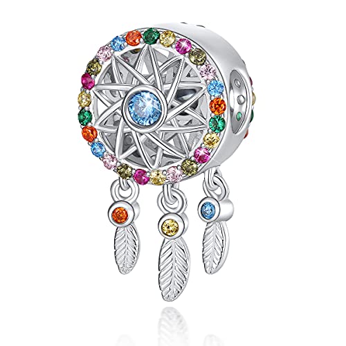 Dream Catcher Charm fit Charms Bracelet 925 Sterling Silver Feathers Tassel Bead Charm with Colorful Stones Pendant for European Necklace Jewelry (Colorful Dream Catcher Charm)