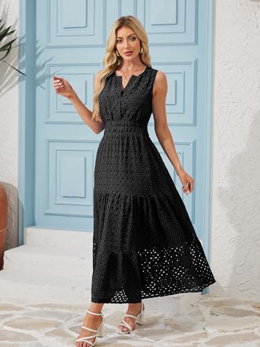 Image of Women 2025 Summer Maxi Dress Casual V Neck Sundress Sleeveless Hollow Out Eyelet a Line Long Flowy Beach Vacation
