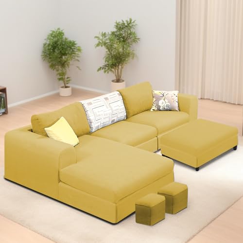 Image of Koza LHS 4 Seater L Shape Sofa Set with Center Table for Living Room (Yellow Fabric) Premium Fabric Sofa