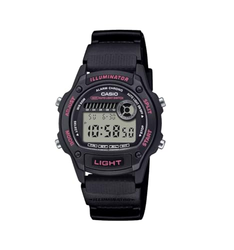 Casio W-220H-1A2VDF - Reloj digital unisex con caja de 37 mm, correa de resina negra con detalles rosas, hora dual, cronómetro, alarma, luz LED, resistente al agua hasta 50 metros