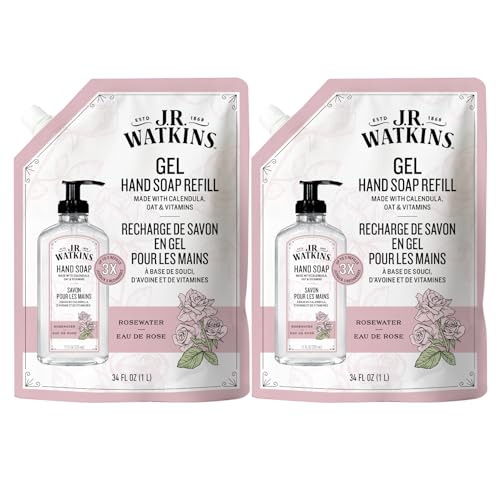 J.R. Watkins Gel Hand Soap Refill Moisturizing Hand Wash Formulated with Plant-Based Cleansers Alcohol-Free Cruelty-Free Rosewater 34 Fl Oz 2 Pack