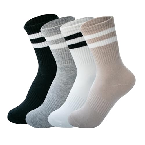 Image of Deeorla Womens Striped Crew Socks Brown Vintage Retro Athletic Socks 5 Pairs
