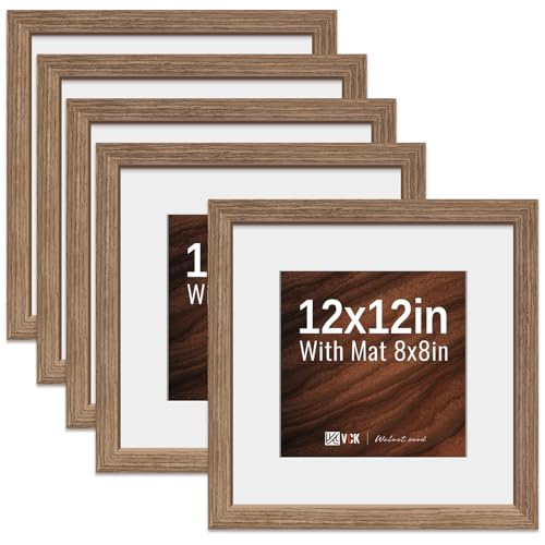 Image of VCK 12x12 Frame 5 Pack, Walnut Wood, 8x8 Mat, Glass, for Picture Prints