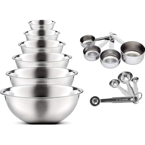Premium Stainless Steel Mixing Bowls - Easily Nests for Space-Saving Storage With Measuring Cups and Spoon Set - Measure Dry or Lquid Ingredients Ideal for Cooking Baking Prep Set of 14 Cover