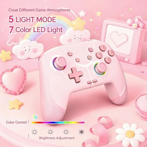 Image of Switch Controller, Wireless Pro Controller for Nintendo Switch 2 /Switch /Lite /OLED, Bluetooth controllers Compatible with iPhone /Mac /iPad /iOS /Android /Phone /PC /Steam and TV with Programming /RGB4 /Vibration / 3 Turbo Modes /6-Axis /Motion (Pink)