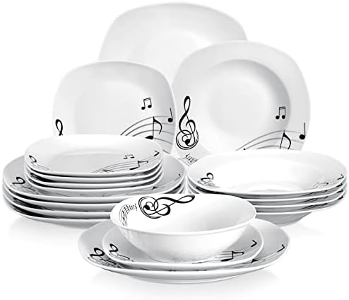VEWEET 'Fiona' 18-Piece Dinner Set Porcelain Ivory White Black Lines Dinnerware Set of 6 * 9.75" Dinner Plate, 6 * 7.5" Dessert Plate, 6 * 8.5" Soup Plate, Service for 6