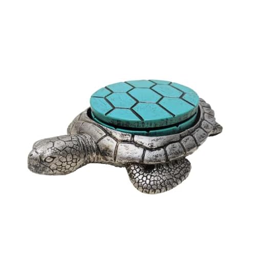 Sea Turtle Coaster Set - Silver Turquoise Nautical Ocean Style Beach Coastal Bar Dining Kitchen Decor